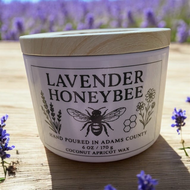 Lavender Honeybee candle with lavender flowers
