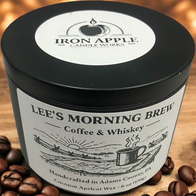 Lee's Morning Brew candle jar with coffee beans